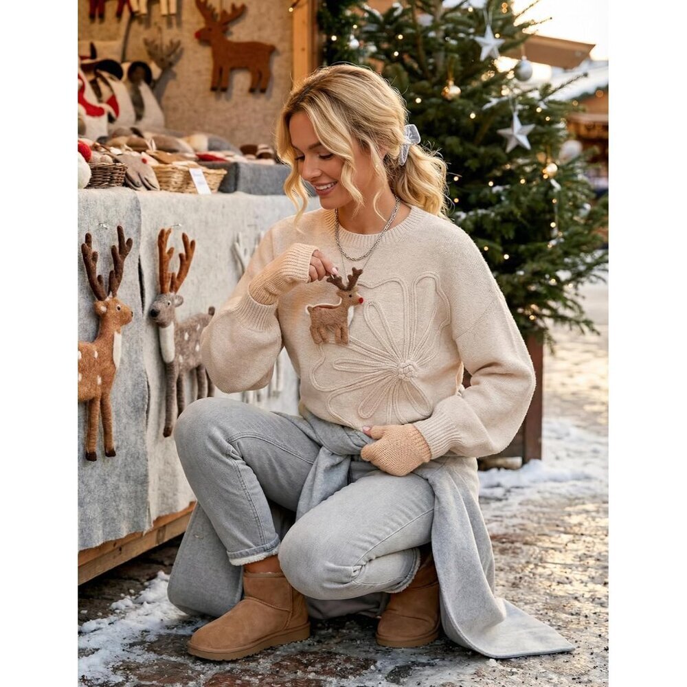 Women's Winter Floral Sweater Crew Neck Lantern Sleeve 2025 Fall Trendy Warm Chu - Picture 7 of 9